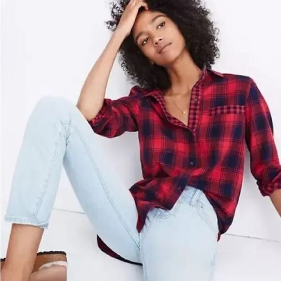 NWT Madewell Red and Blue Plaid Flannel Ex-Boyfriend Shirt - Picture 1 of 9